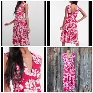 Pink Floral Dress ASOS Size 12 Plunge VNeck Belted Pleats Sleeveless Stretch